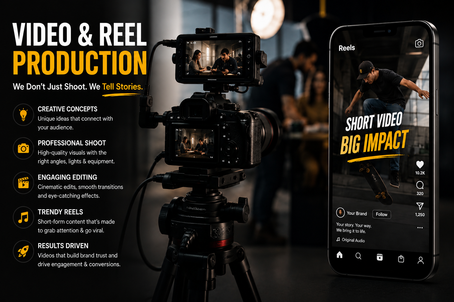 Video and reel production setup featuring cinema camera rig and mobile short-form reel preview