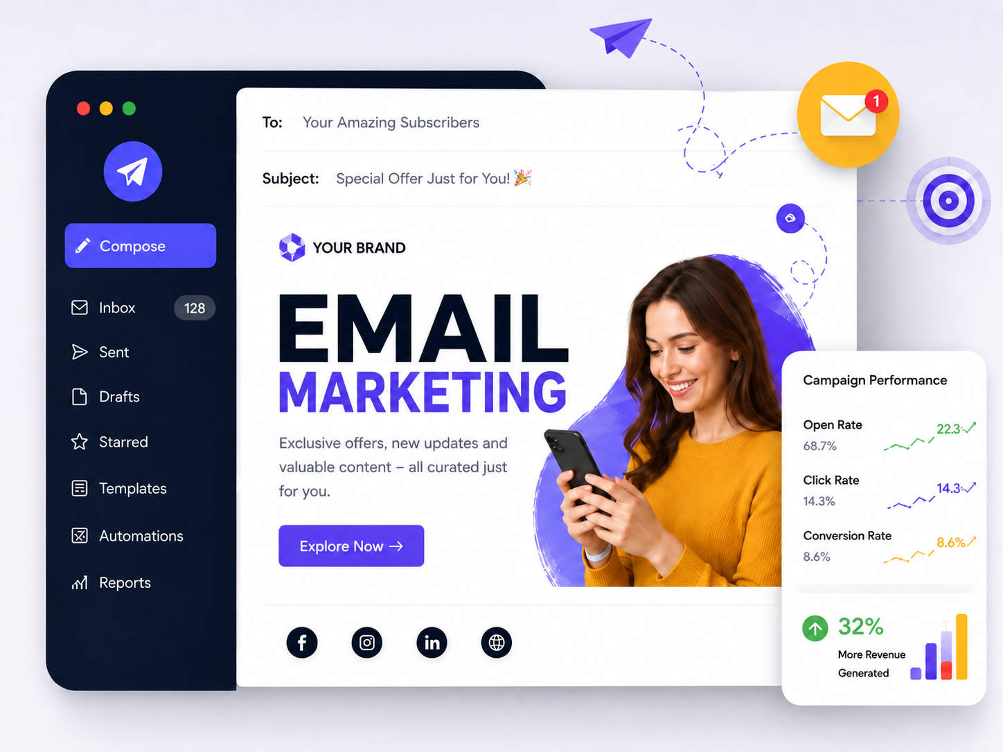 Email marketing interface with campaign preview, performance metrics, and subscriber message layout